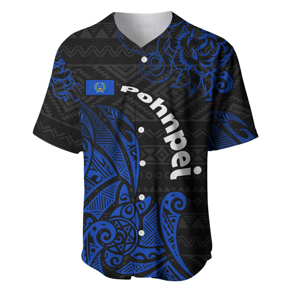 Pohnpei Federated States Of Micronesia Baseball Jersey Polynesian Tribal Heritage Art With Blue Island Tattoo Patterns TS04 Black Blue - Polynesian Pride