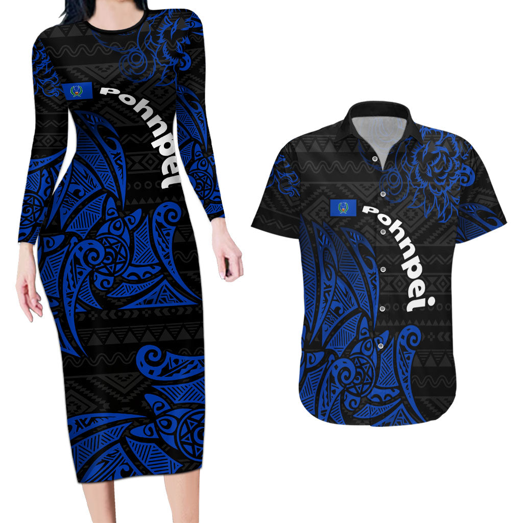 Pohnpei Federated States Of Micronesia Couples Matching Long Sleeve Bodycon Dress and Hawaiian Shirt Polynesian Tribal Heritage Art With Blue Island Tattoo Patterns