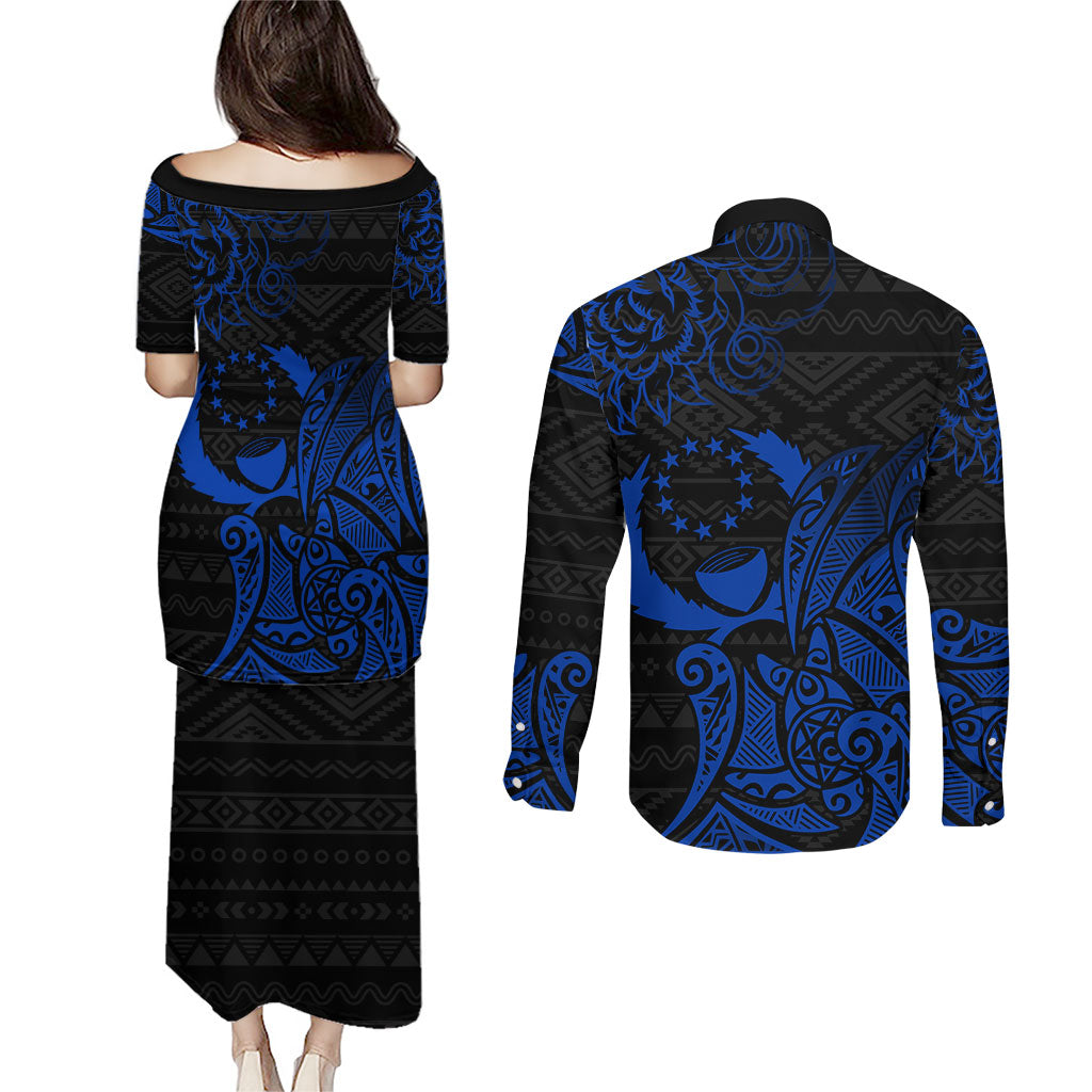 Pohnpei Federated States Of Micronesia Couples Matching Puletasi and Long Sleeve Button Shirt Polynesian Tribal Heritage Art With Blue Island Tattoo Patterns