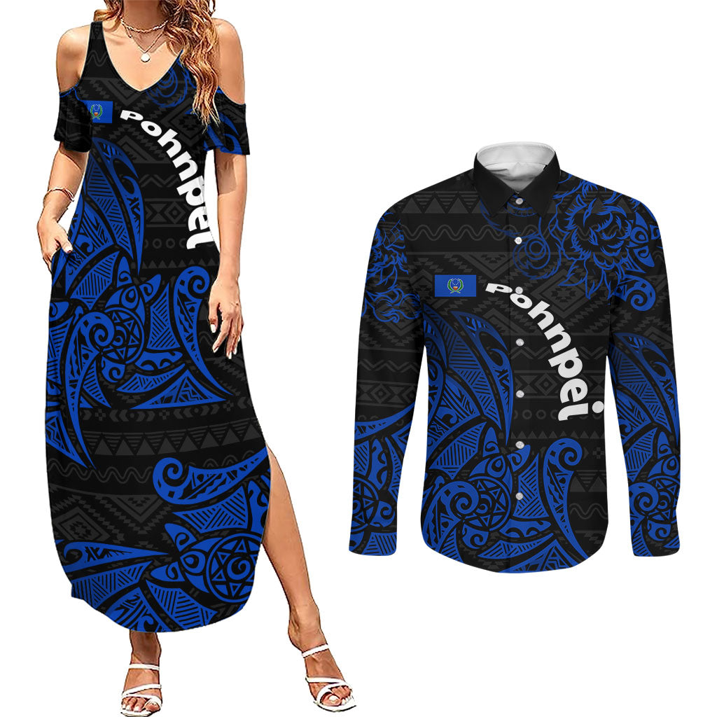 Pohnpei Federated States Of Micronesia Couples Matching Summer Maxi Dress and Long Sleeve Button Shirt Polynesian Tribal Heritage Art With Blue Island Tattoo Patterns