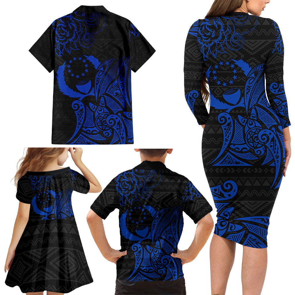 Pohnpei Federated States Of Micronesia Family Matching Long Sleeve Bodycon Dress and Hawaiian Shirt Polynesian Tribal Heritage Art With Blue Island Tattoo Patterns TS04 - Polynesian Pride