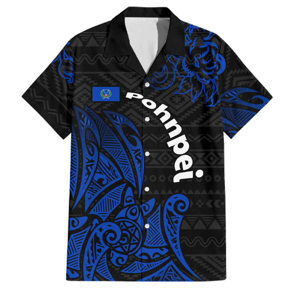 Pohnpei Federated States Of Micronesia Family Matching Long Sleeve Bodycon Dress and Hawaiian Shirt Polynesian Tribal Heritage Art With Blue Island Tattoo Patterns TS04 Dad's Shirt - Short Sleeve Black Blue - Polynesian Pride