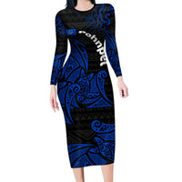 Pohnpei Federated States Of Micronesia Family Matching Long Sleeve Bodycon Dress and Hawaiian Shirt Polynesian Tribal Heritage Art With Blue Island Tattoo Patterns TS04 Mom's Dress Black Blue - Polynesian Pride