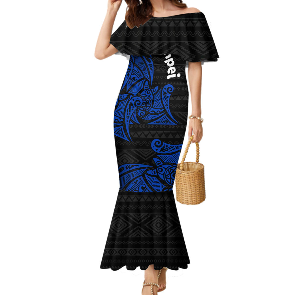 Pohnpei Federated States Of Micronesia Family Matching Mermaid Dress and Hawaiian Shirt Polynesian Tribal Heritage Art With Blue Island Tattoo Patterns TS04 Mom's Dress Black Blue - Polynesian Pride
