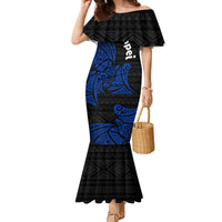 Pohnpei Federated States Of Micronesia Family Matching Mermaid Dress and Hawaiian Shirt Polynesian Tribal Heritage Art With Blue Island Tattoo Patterns TS04 Mom's Dress Black Blue - Polynesian Pride