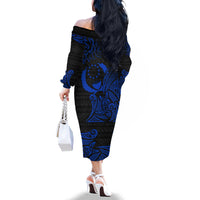 Pohnpei Federated States Of Micronesia Family Matching Off The Shoulder Long Sleeve Dress and Hawaiian Shirt Polynesian Tribal Heritage Art With Blue Island Tattoo Patterns TS04 - Polynesian Pride