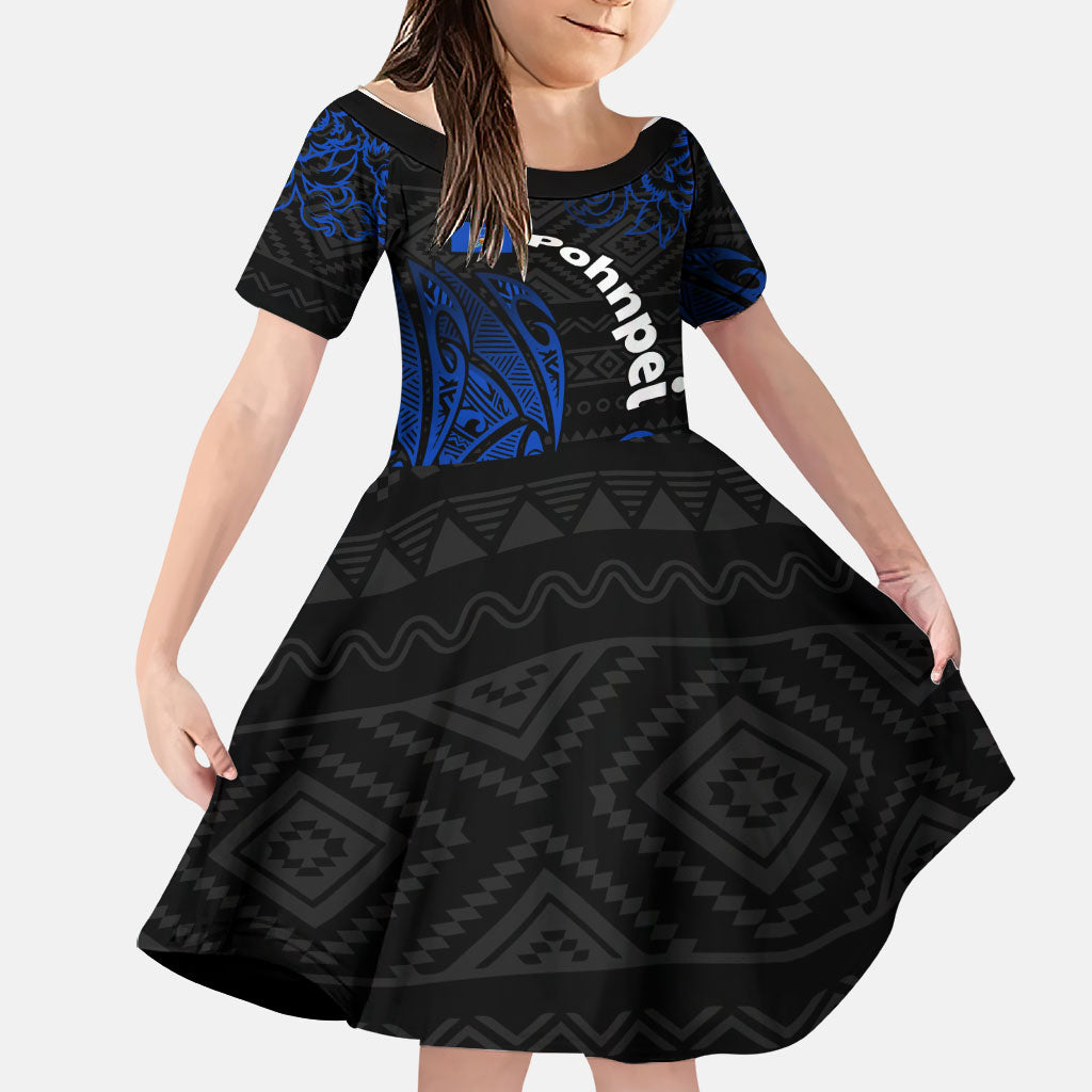 Pohnpei Federated States Of Micronesia Family Matching Off Shoulder Short Dress and Hawaiian Shirt Polynesian Tribal Heritage Art With Blue Island Tattoo Patterns