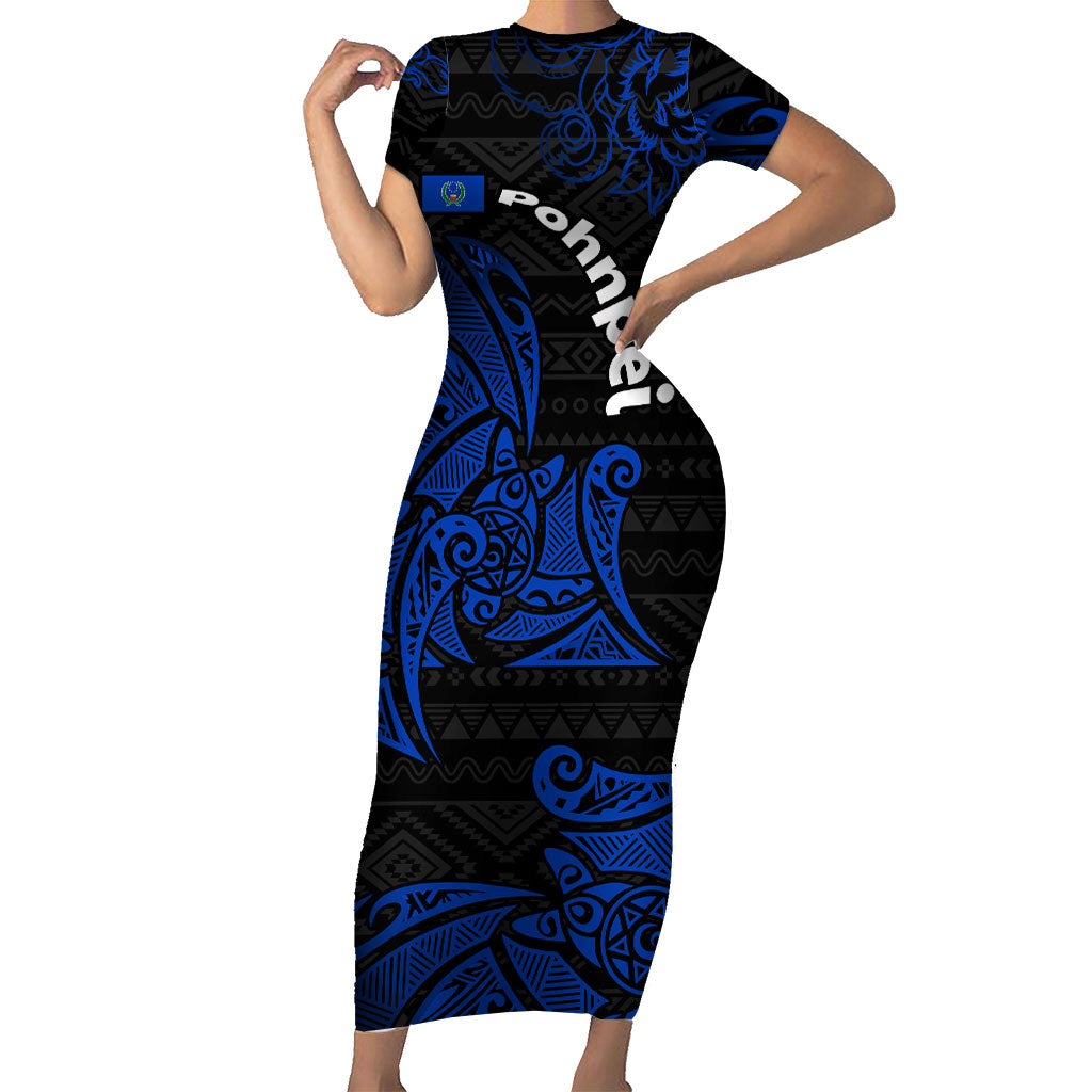 Pohnpei Federated States Of Micronesia Family Matching Short Sleeve Bodycon Dress and Hawaiian Shirt Polynesian Tribal Heritage Art With Blue Island Tattoo Patterns TS04 Mom's Dress Black Blue - Polynesian Pride