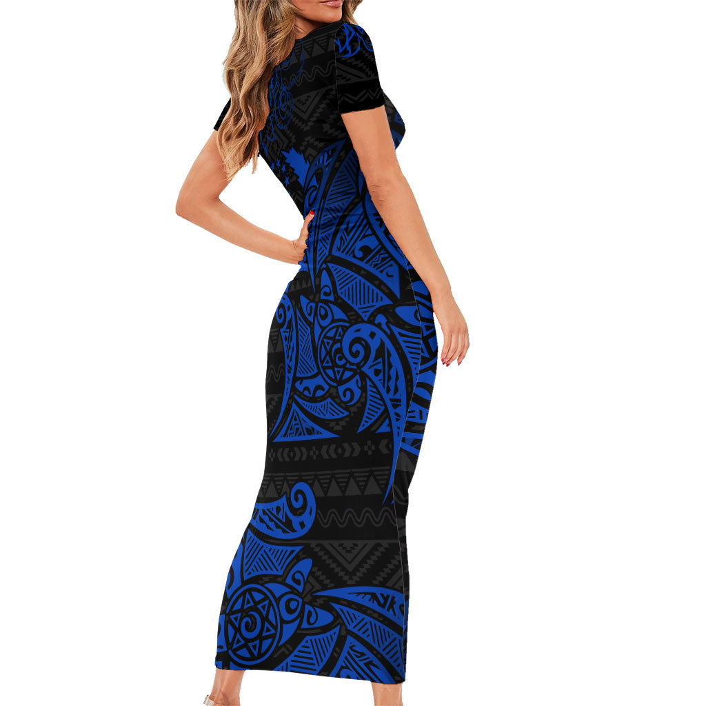Pohnpei Federated States Of Micronesia Family Matching Short Sleeve Bodycon Dress and Hawaiian Shirt Polynesian Tribal Heritage Art With Blue Island Tattoo Patterns TS04 - Polynesian Pride