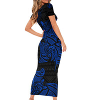 Pohnpei Federated States Of Micronesia Family Matching Short Sleeve Bodycon Dress and Hawaiian Shirt Polynesian Tribal Heritage Art With Blue Island Tattoo Patterns TS04 - Polynesian Pride