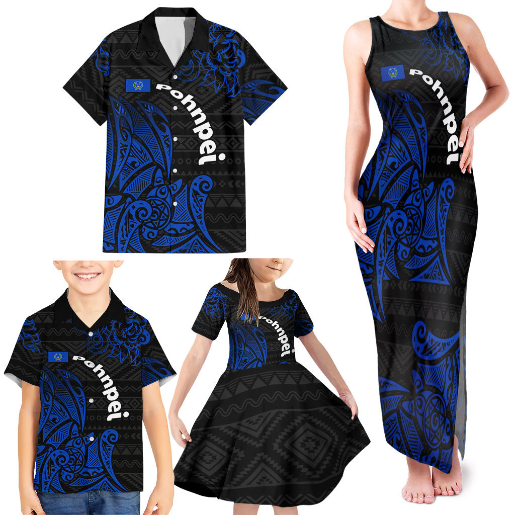 Pohnpei Federated States Of Micronesia Family Matching Tank Maxi Dress and Hawaiian Shirt Polynesian Tribal Heritage Art With Blue Island Tattoo Patterns