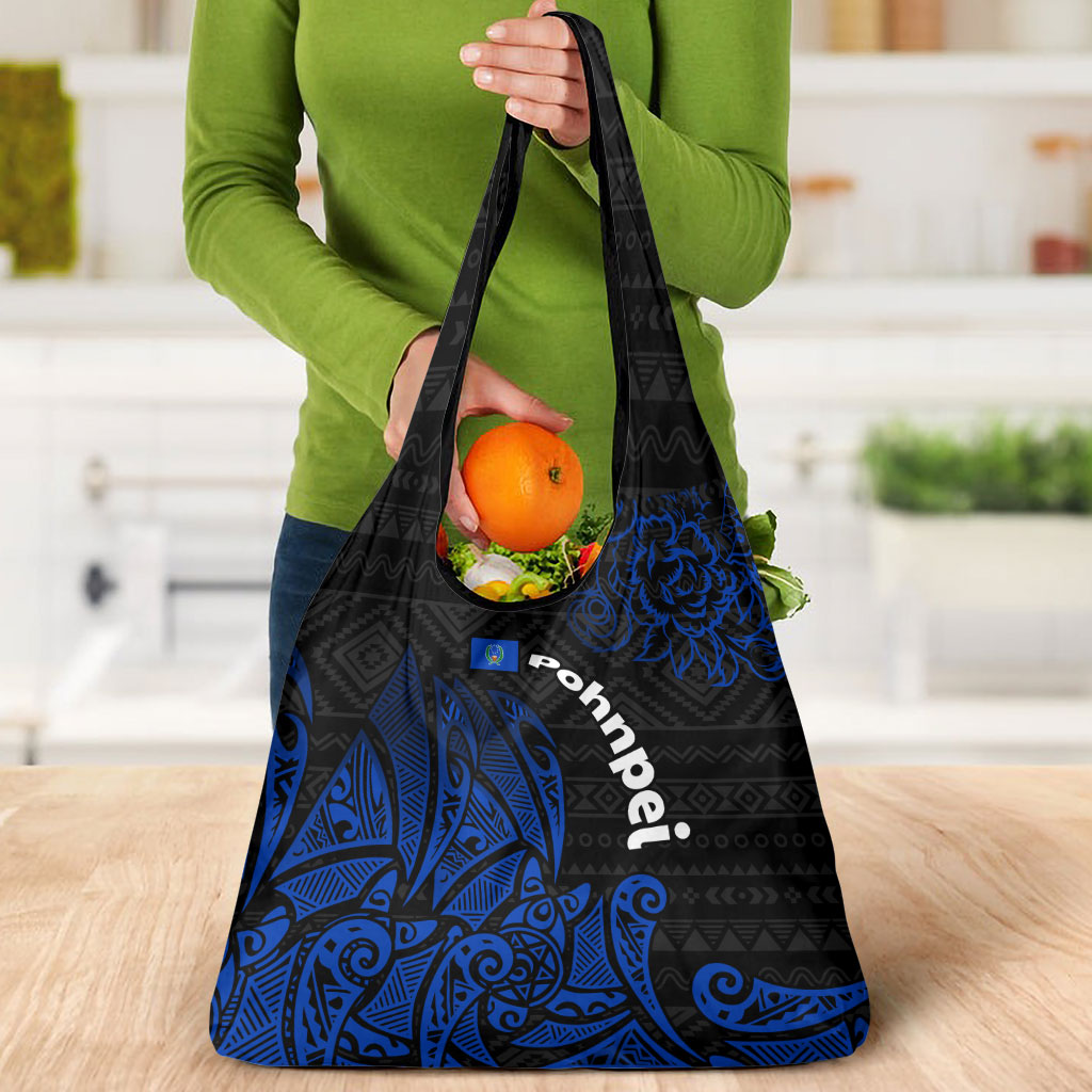 Pohnpei Federated States Of Micronesia Grocery Bag Polynesian Tribal Heritage Art With Blue Island Tattoo Patterns