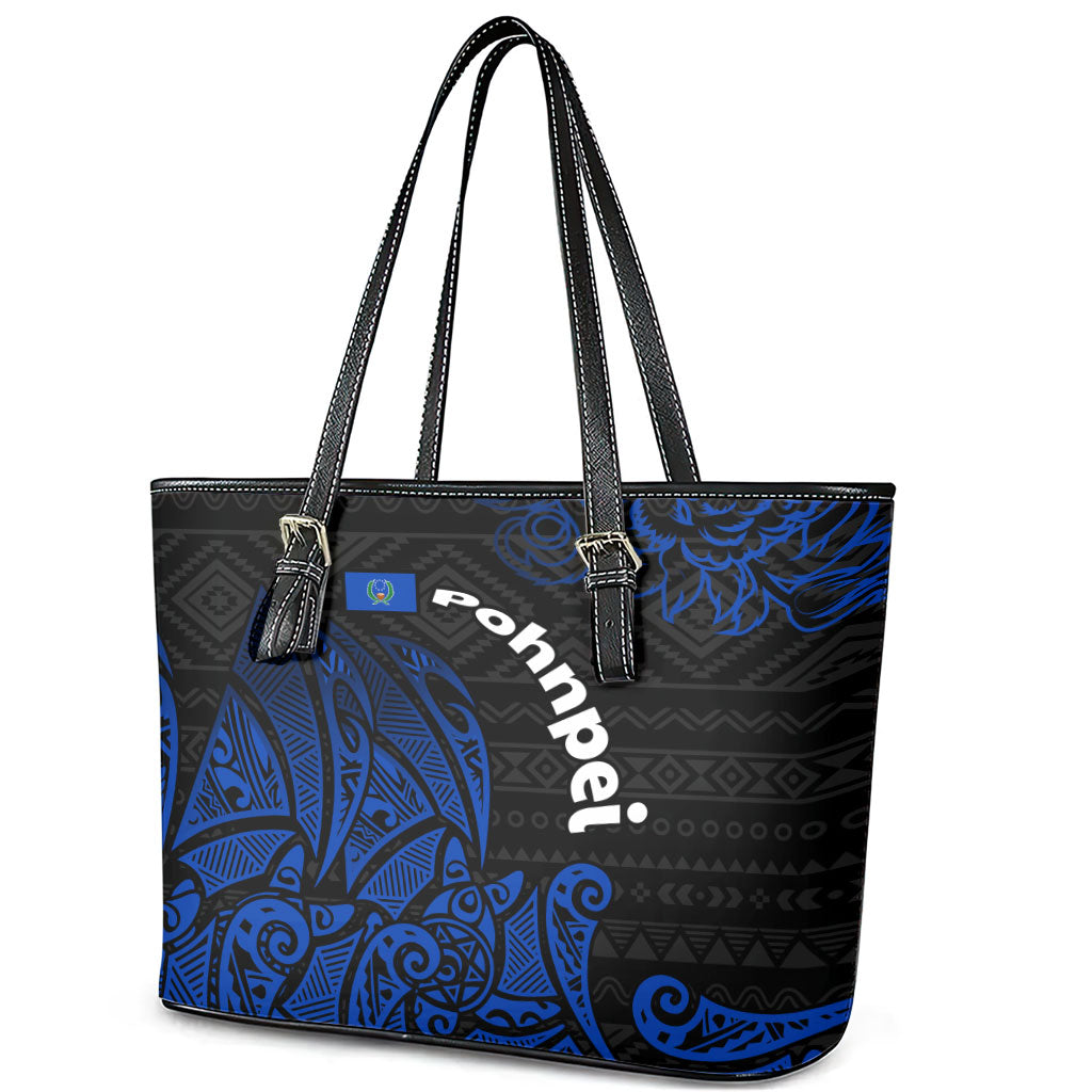 Pohnpei Federated States Of Micronesia Leather Tote Bag Polynesian Tribal Heritage Art With Blue Island Tattoo Patterns