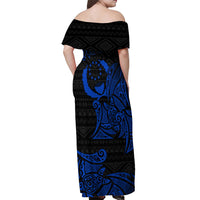 Pohnpei Federated States Of Micronesia Off Shoulder Maxi Dress Polynesian Tribal Heritage Art With Blue Island Tattoo Patterns