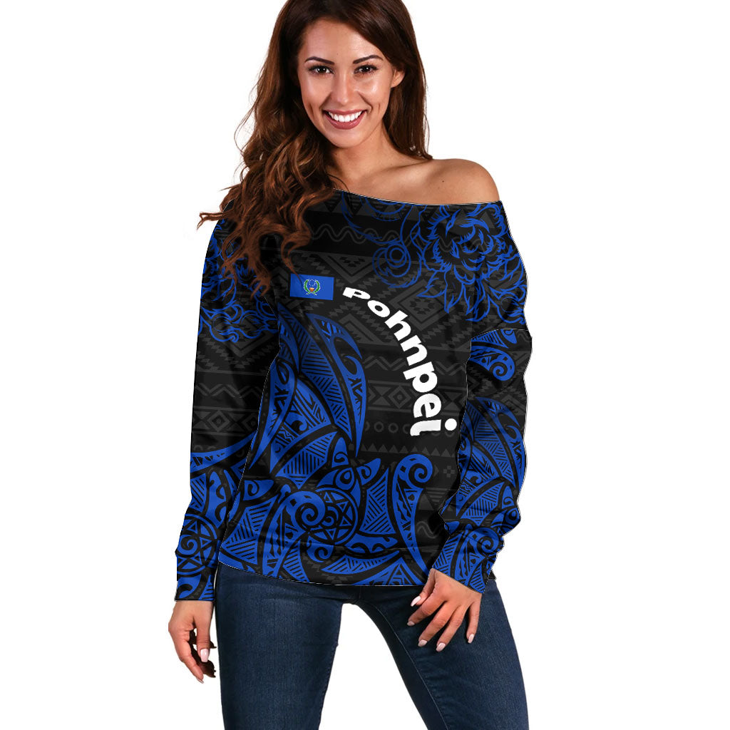 Pohnpei Federated States Of Micronesia Off Shoulder Sweater Polynesian Tribal Heritage Art With Blue Island Tattoo Patterns