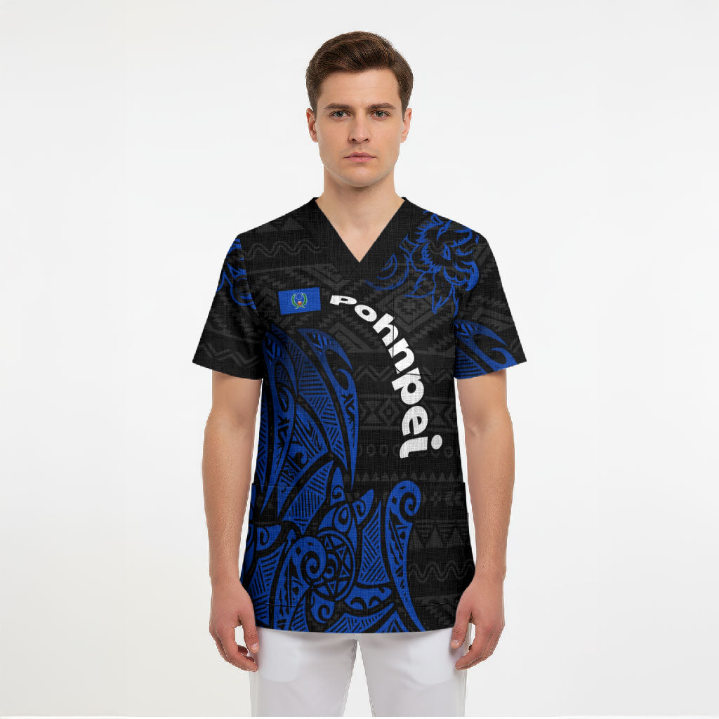 Pohnpei Federated States Of Micronesia Scrub Top Polynesian Tribal Heritage Art With Blue Island Tattoo Patterns