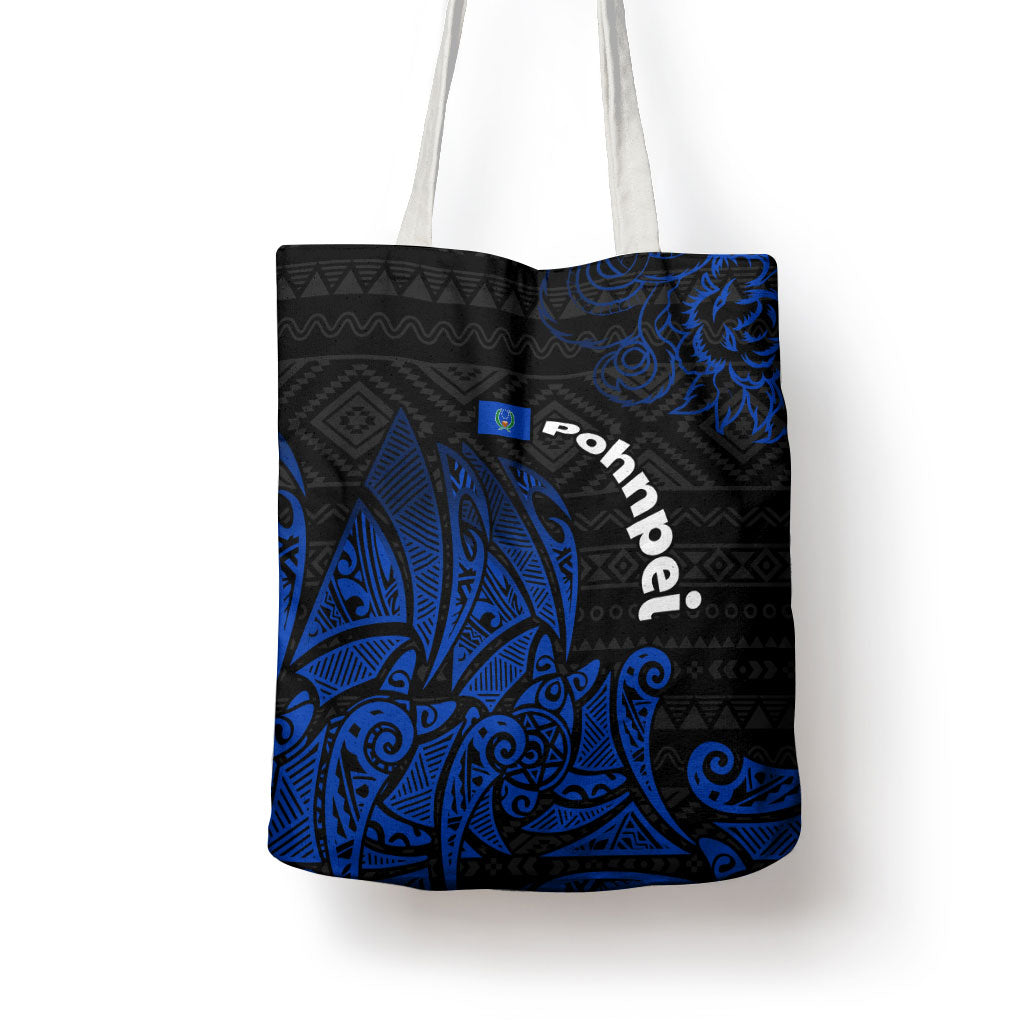 Pohnpei Federated States Of Micronesia Tote Bag Polynesian Tribal Heritage Art With Blue Island Tattoo Patterns