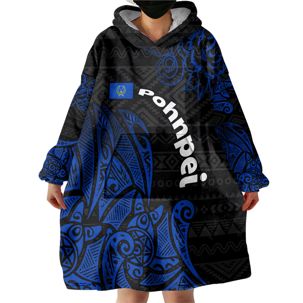 Pohnpei Federated States Of Micronesia Wearable Blanket Hoodie Polynesian Tribal Heritage Art With Blue Island Tattoo Patterns