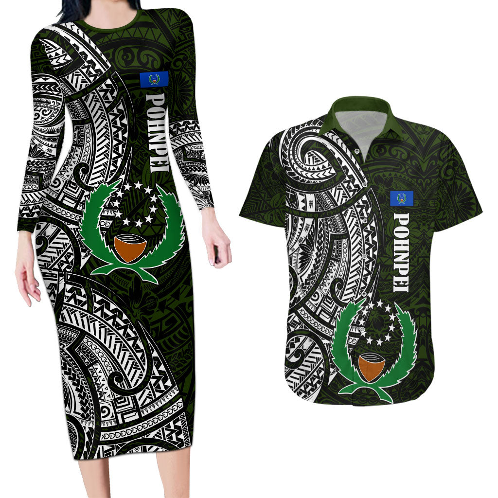 Pohnpei Federated States Of Micronesia Couples Matching Long Sleeve Bodycon Dress and Hawaiian Shirt Polynesian Tribal Heritage Art With Kaselehlie State Seal