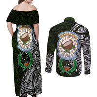 Pohnpei Federated States Of Micronesia Couples Matching Off Shoulder Maxi Dress and Long Sleeve Button Shirt Polynesian Tribal Heritage Art With Kaselehlie State Seal