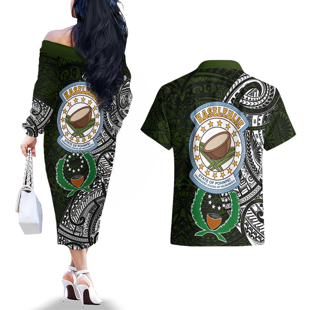 Pohnpei Federated States Of Micronesia Couples Matching Off The Shoulder Long Sleeve Dress and Hawaiian Shirt Polynesian Tribal Heritage Art With Kaselehlie State Seal TS04 - Polynesian Pride