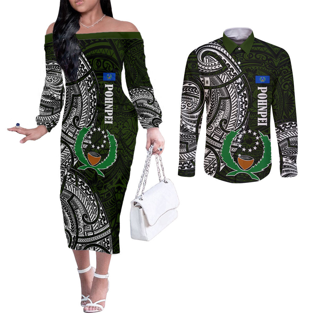 Pohnpei Federated States Of Micronesia Couples Matching Off The Shoulder Long Sleeve Dress and Long Sleeve Button Shirt Polynesian Tribal Heritage Art With Kaselehlie State Seal