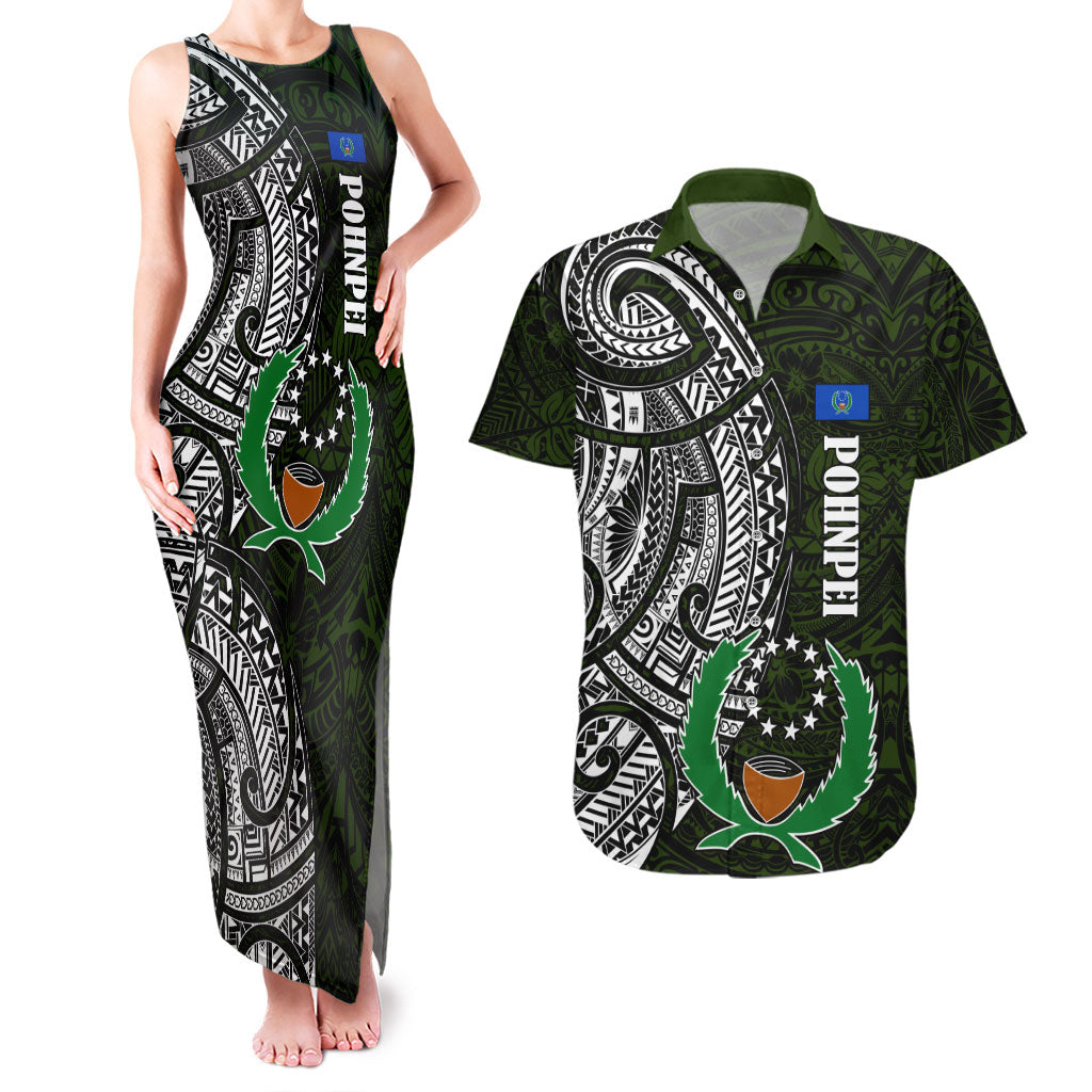 Pohnpei Federated States Of Micronesia Couples Matching Tank Maxi Dress and Hawaiian Shirt Polynesian Tribal Heritage Art With Kaselehlie State Seal TS04 Green White - Polynesian Pride