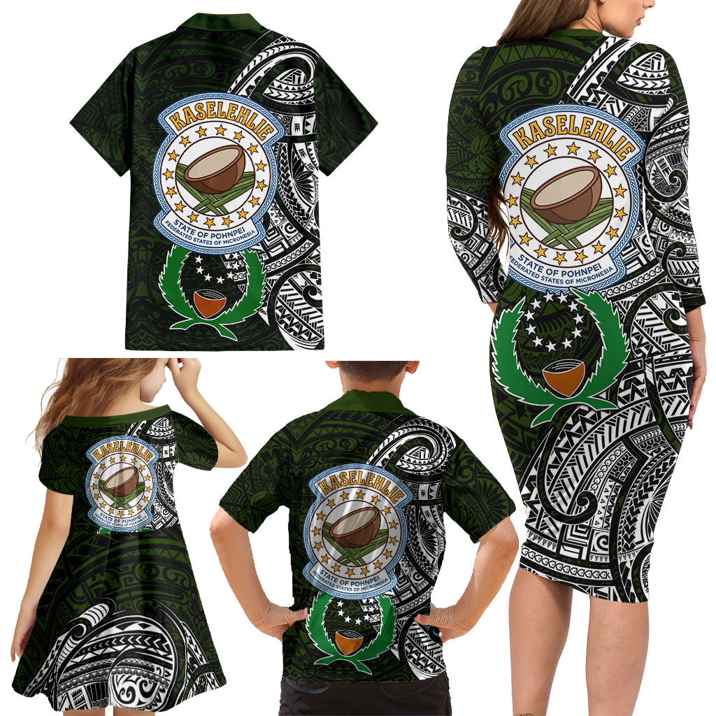 Pohnpei Federated States Of Micronesia Family Matching Long Sleeve Bodycon Dress and Hawaiian Shirt Polynesian Tribal Heritage Art With Kaselehlie State Seal