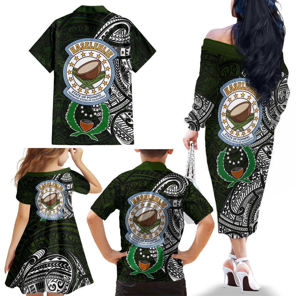 Pohnpei Federated States Of Micronesia Family Matching Off The Shoulder Long Sleeve Dress and Hawaiian Shirt Polynesian Tribal Heritage Art With Kaselehlie State Seal