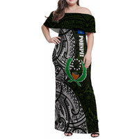 Pohnpei Federated States Of Micronesia Family Matching Off Shoulder Maxi Dress and Hawaiian Shirt Polynesian Tribal Heritage Art With Kaselehlie State Seal TS04 Mom's Dress Green White - Polynesian Pride