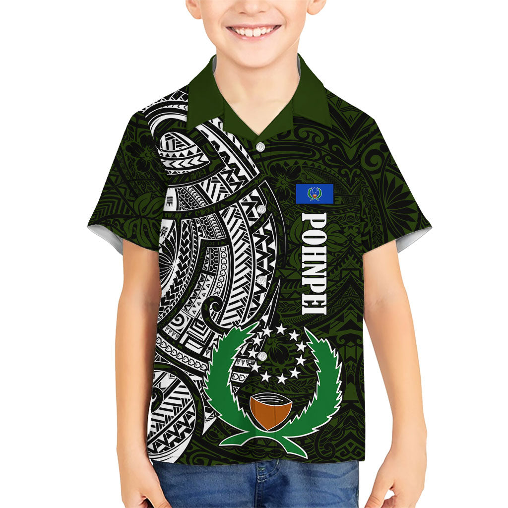 Pohnpei Federated States Of Micronesia Family Matching Off Shoulder Maxi Dress and Hawaiian Shirt Polynesian Tribal Heritage Art With Kaselehlie State Seal TS04 Son's Shirt Green White - Polynesian Pride