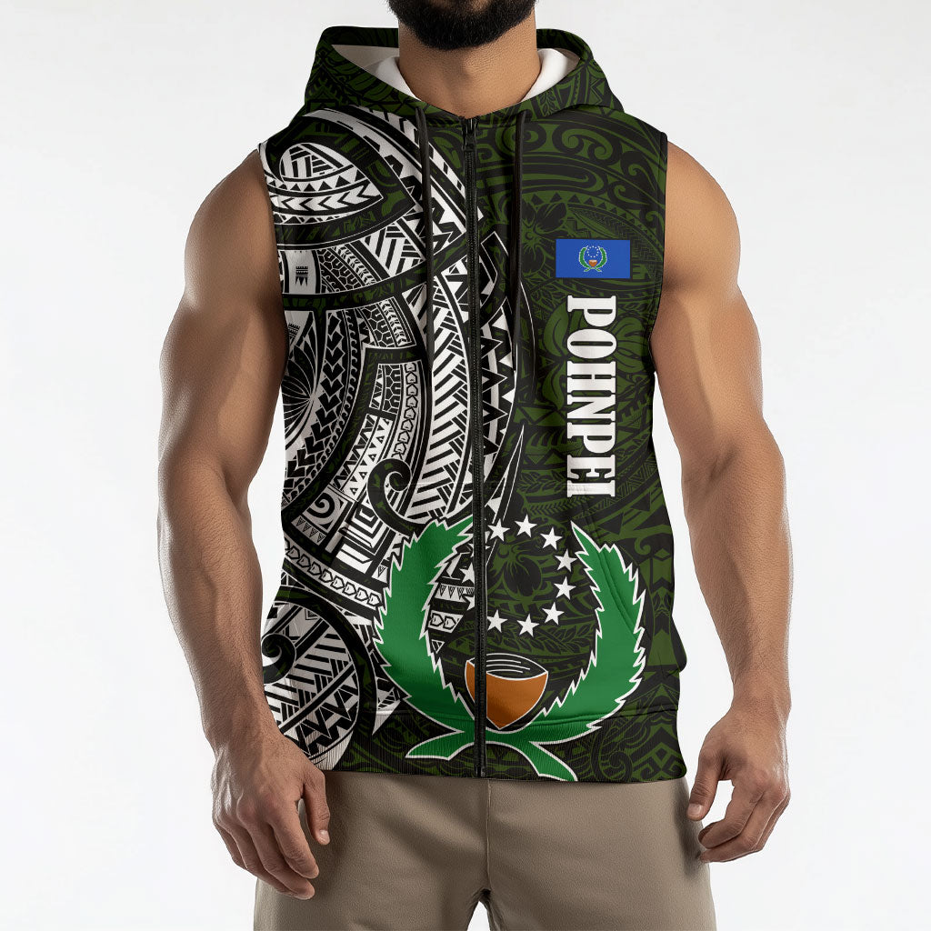 Pohnpei Federated States Of Micronesia Sleeveless Zip Hoodie Polynesian Tribal Heritage Art With Kaselehlie State Seal