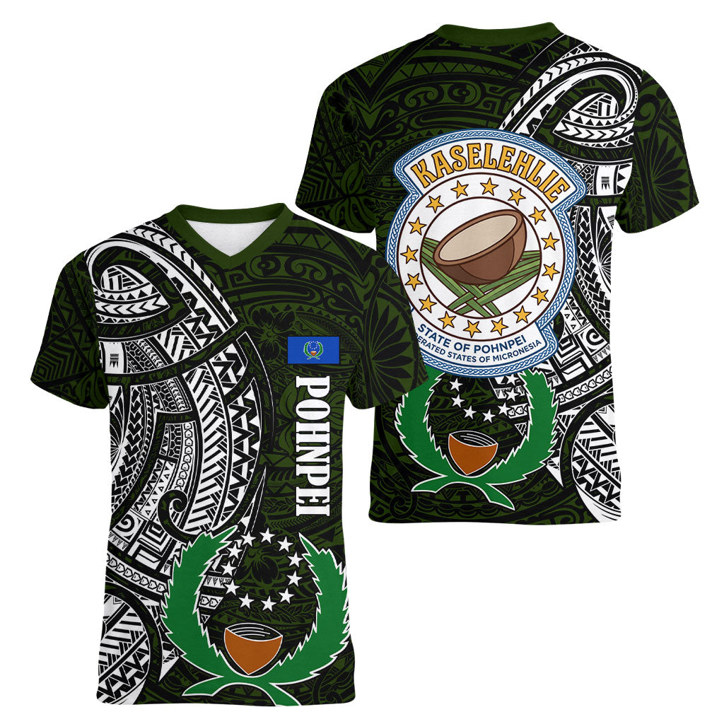 Pohnpei Federated States Of Micronesia Women V-Neck T-Shirt Polynesian Tribal Heritage Art With Kaselehlie State Seal