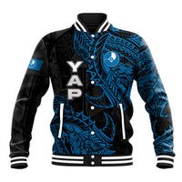 Yap Island Tribal Heritage Baseball Jacket Micronesian Polynesian Tattoo Pattern Blue Black Cultural Art