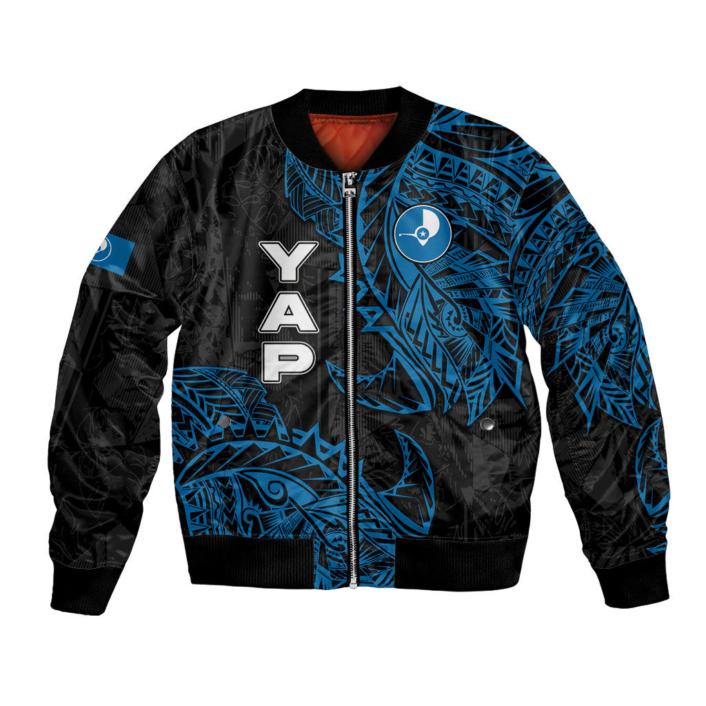 Yap Island Tribal Heritage Bomber Jacket Micronesian Polynesian Tattoo Pattern Blue Black Cultural Art