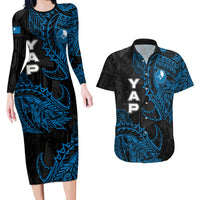 Yap Island Tribal Heritage Couples Matching Long Sleeve Bodycon Dress and Hawaiian Shirt Micronesian Polynesian Tattoo Pattern Blue Black Cultural Art