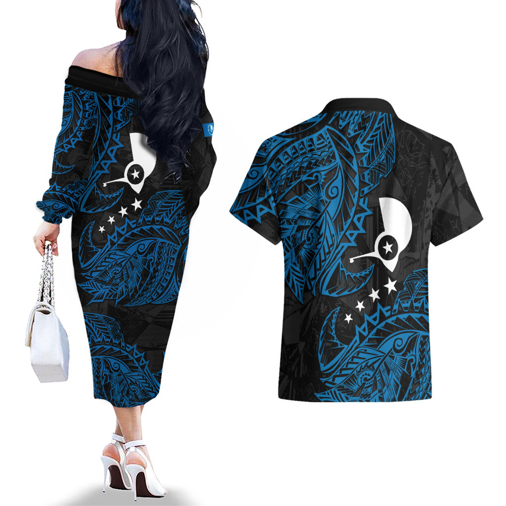 Yap Island Tribal Heritage Couples Matching Off The Shoulder Long Sleeve Dress and Hawaiian Shirt Micronesian Polynesian Tattoo Pattern Blue Black Cultural Art