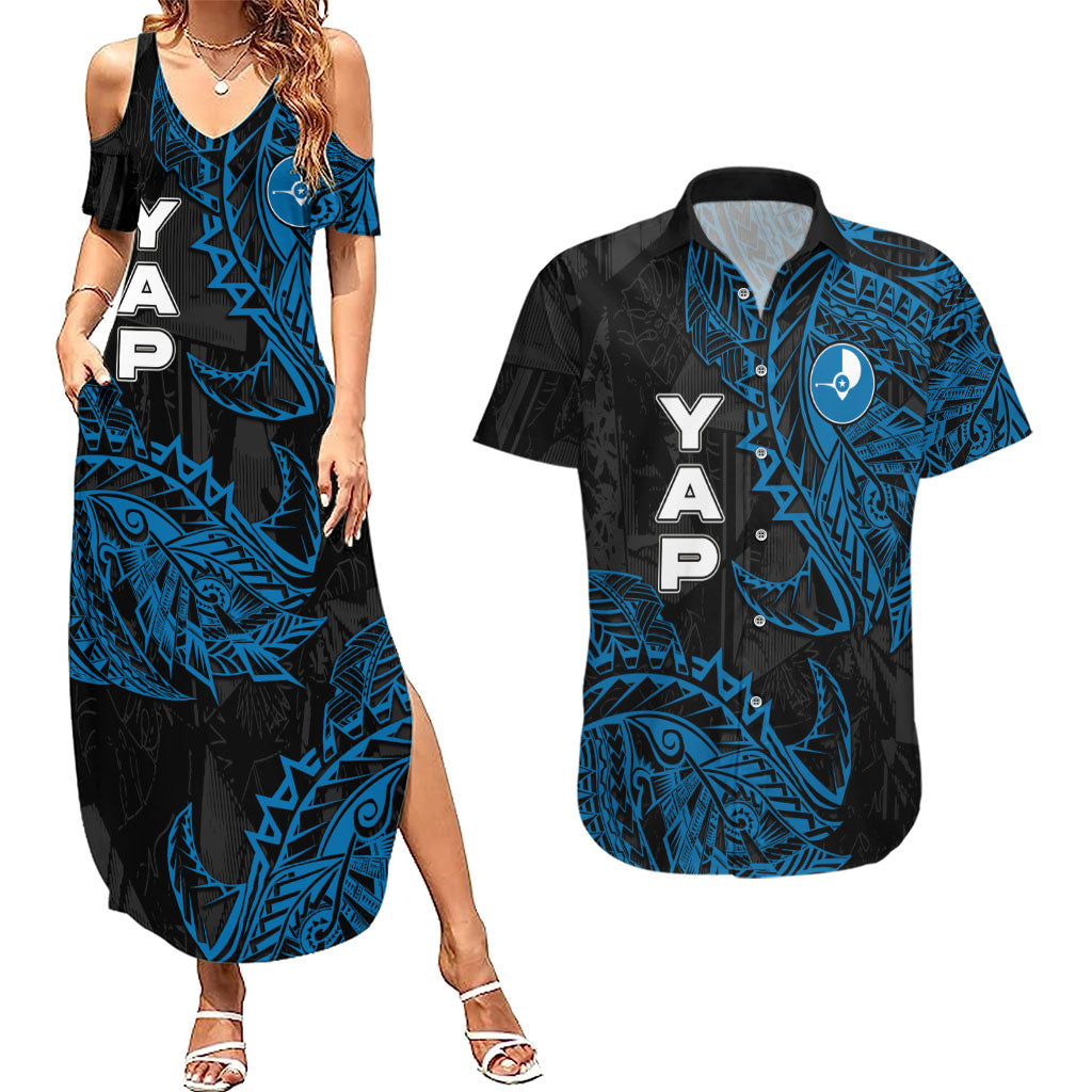 Yap Island Tribal Heritage Couples Matching Summer Maxi Dress and Hawaiian Shirt Micronesian Polynesian Tattoo Pattern Blue Black Cultural Art