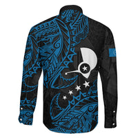 Yap Island Tribal Heritage Family Matching Off The Shoulder Long Sleeve Dress and Hawaiian Shirt Micronesian Polynesian Tattoo Pattern Blue Black Cultural Art