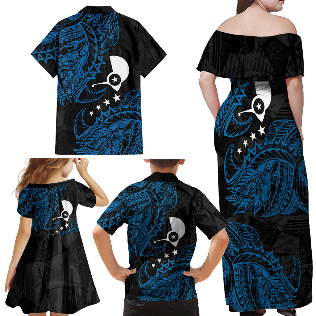 Yap Island Tribal Heritage Family Matching Off Shoulder Maxi Dress and Hawaiian Shirt Micronesian Polynesian Tattoo Pattern Blue Black Cultural Art
