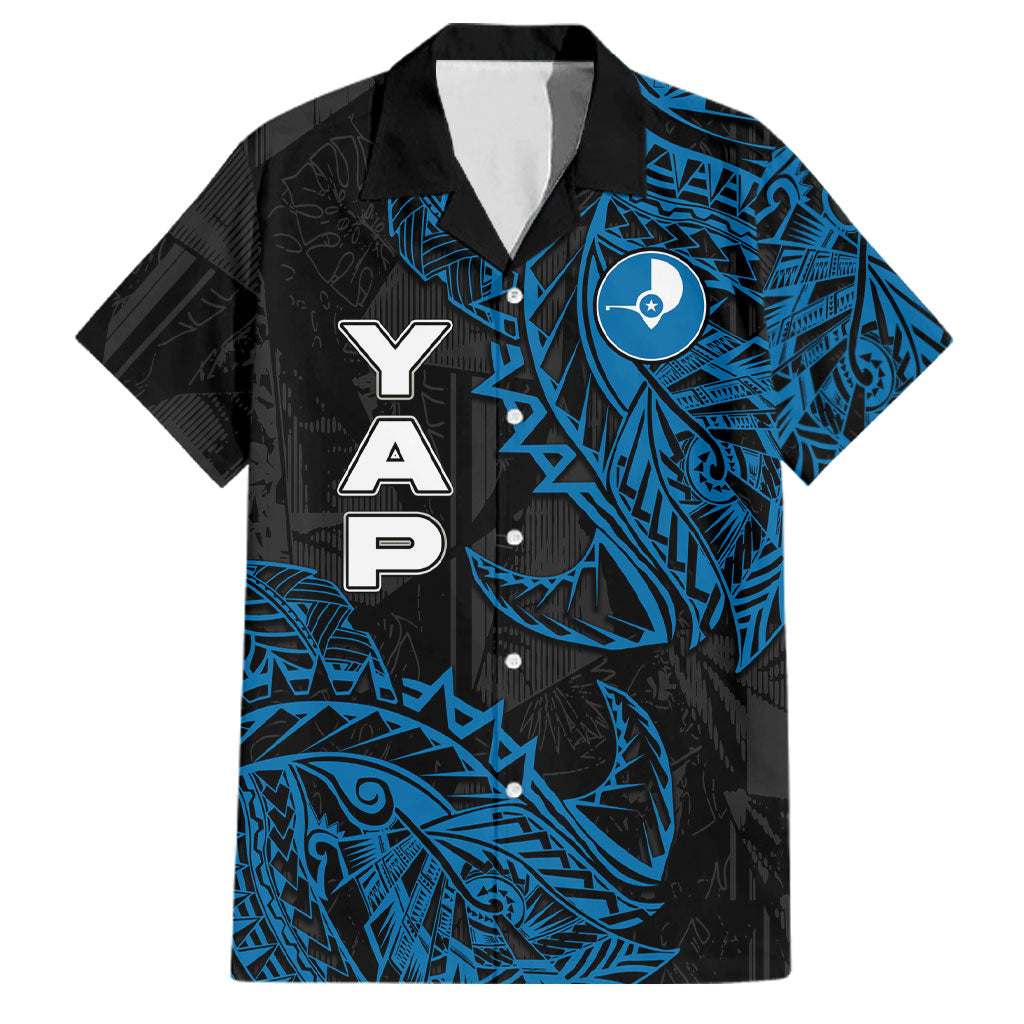 Yap Island Tribal Heritage Family Matching Off Shoulder Short Dress and Hawaiian Shirt Micronesian Polynesian Tattoo Pattern Blue Black Cultural Art