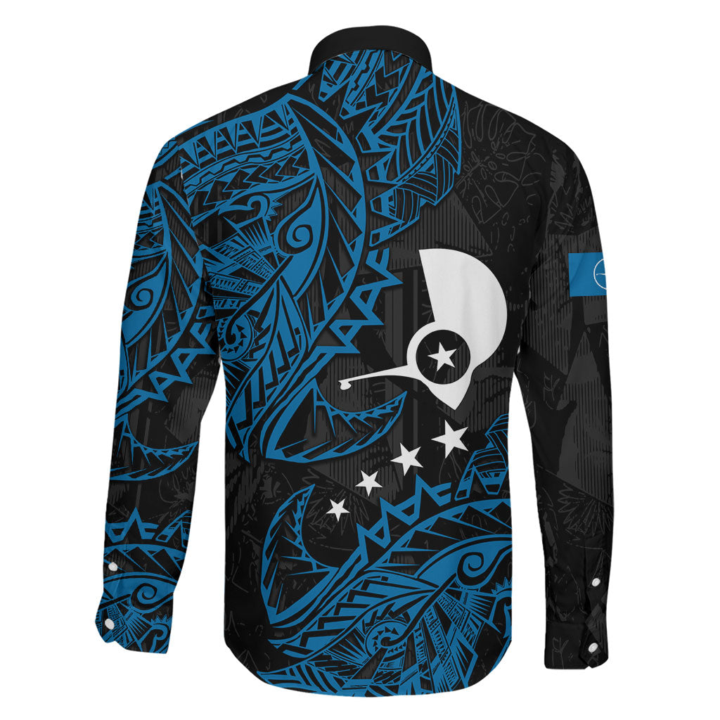 Yap Island Tribal Heritage Family Matching Off Shoulder Short Dress and Hawaiian Shirt Micronesian Polynesian Tattoo Pattern Blue Black Cultural Art