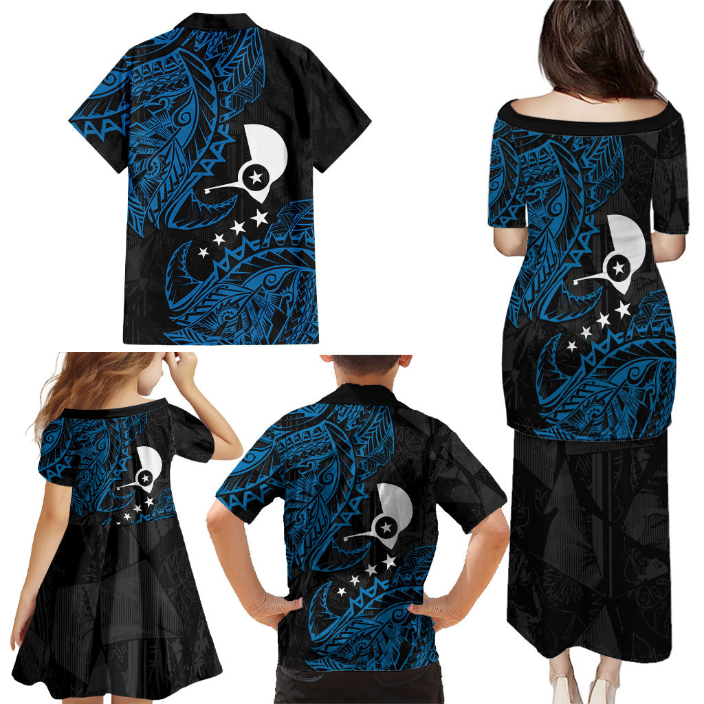 Yap Island Tribal Heritage Family Matching Puletasi and Hawaiian Shirt Micronesian Polynesian Tattoo Pattern Blue Black Cultural Art
