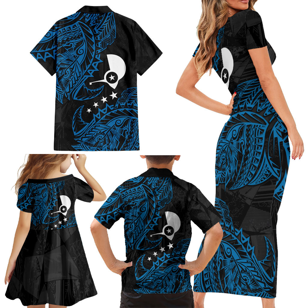 Yap Island Tribal Heritage Family Matching Short Sleeve Bodycon Dress and Hawaiian Shirt Micronesian Polynesian Tattoo Pattern Blue Black Cultural Art