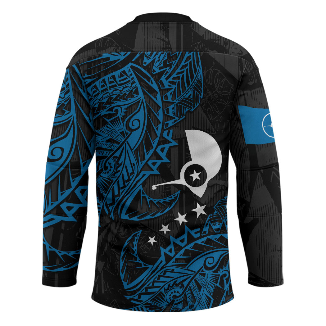 Yap Island Tribal Heritage Hockey Jersey Micronesian Polynesian Tattoo Pattern Blue Black Cultural Art