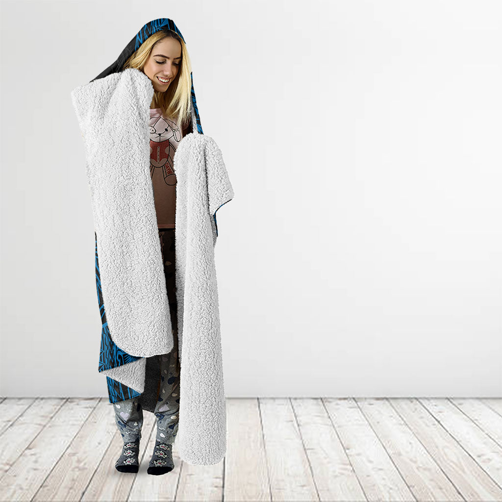 Yap Island Tribal Heritage Hooded Blanket Micronesian Polynesian Tattoo Pattern Blue Black Cultural Art
