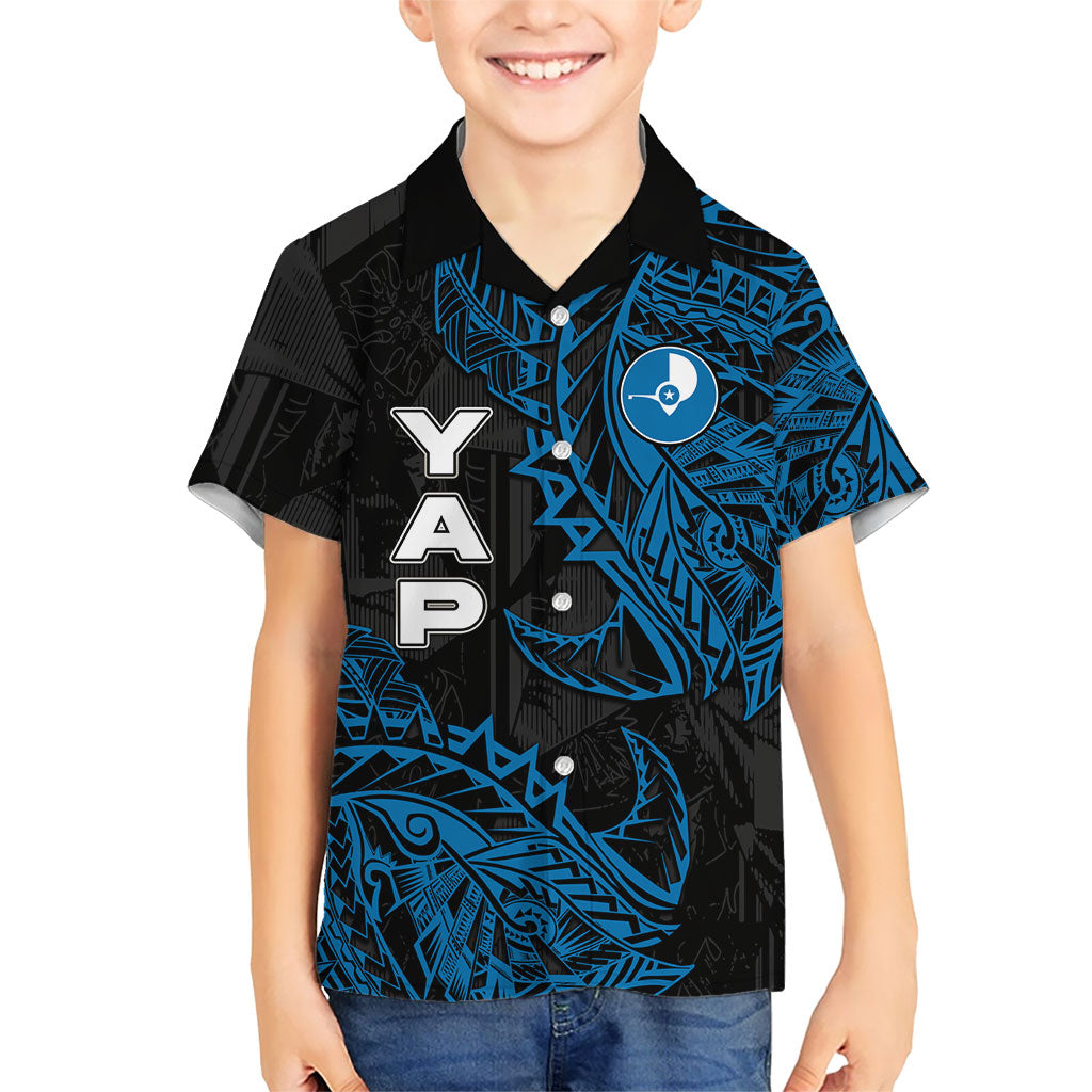 Yap Island Tribal Heritage Kid Hawaiian Shirt Micronesian Polynesian Tattoo Pattern Blue Black Cultural Art