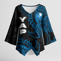 Yap Island Tribal Heritage Kimono Sleeve Blouse Micronesian Polynesian Tattoo Pattern Blue Black Cultural Art
