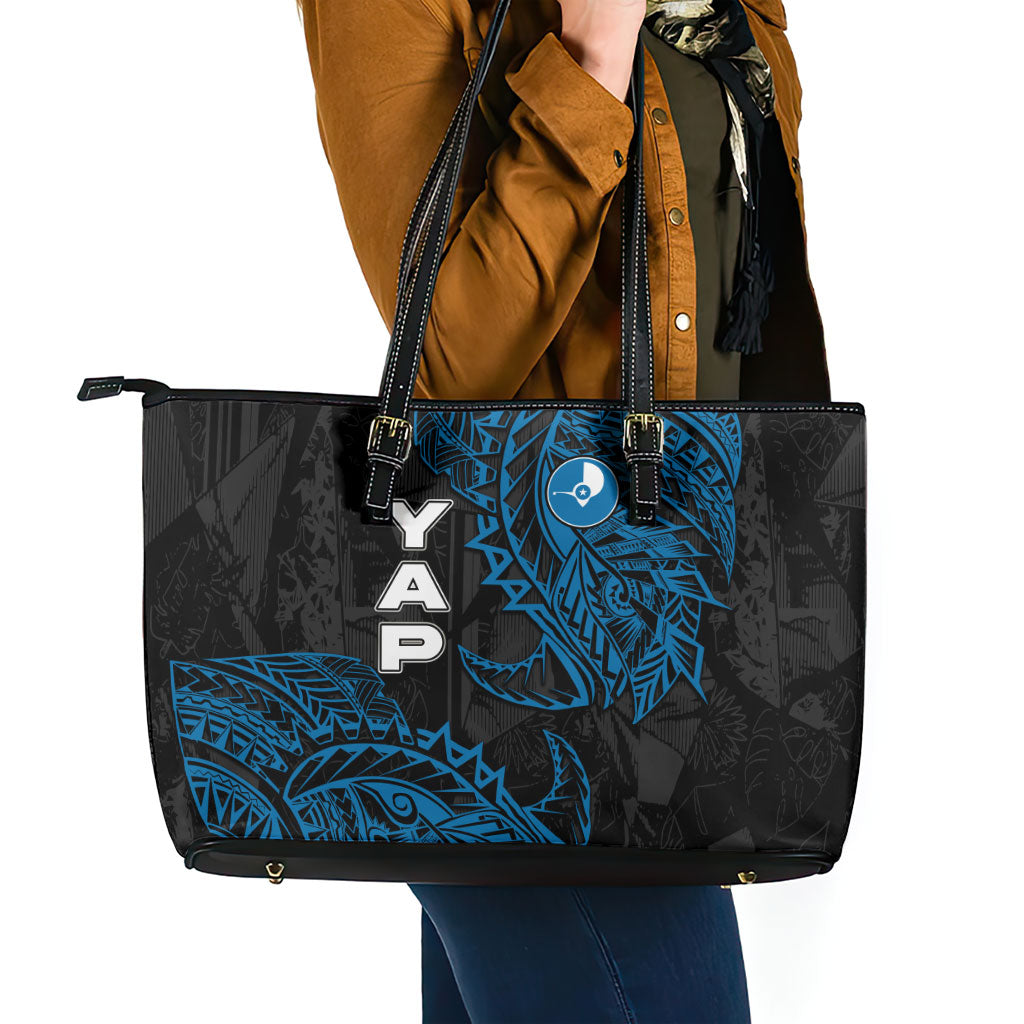 Yap Island Tribal Heritage Leather Tote Bag Micronesian Polynesian Tattoo Pattern Blue Black Cultural Art