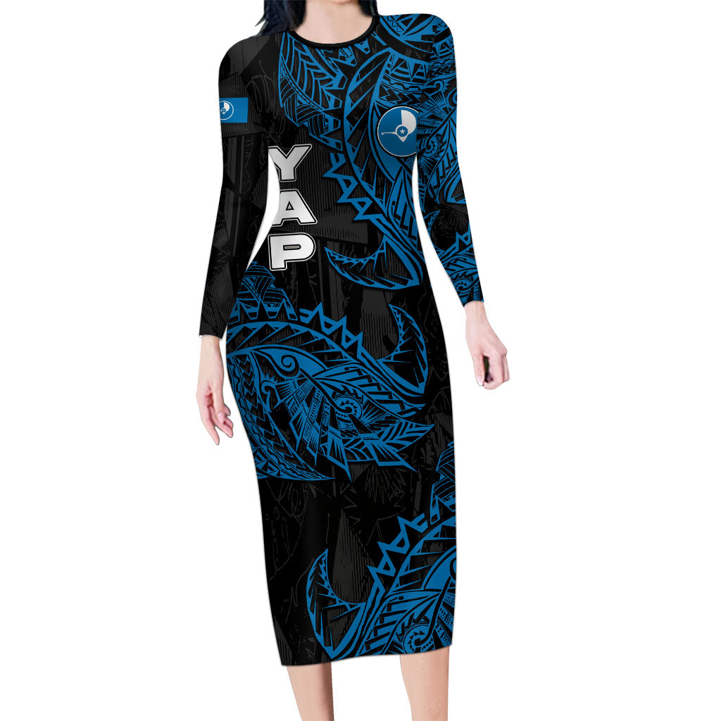 Yap Island Tribal Heritage Long Sleeve Bodycon Dress Micronesian Polynesian Tattoo Pattern Blue Black Cultural Art